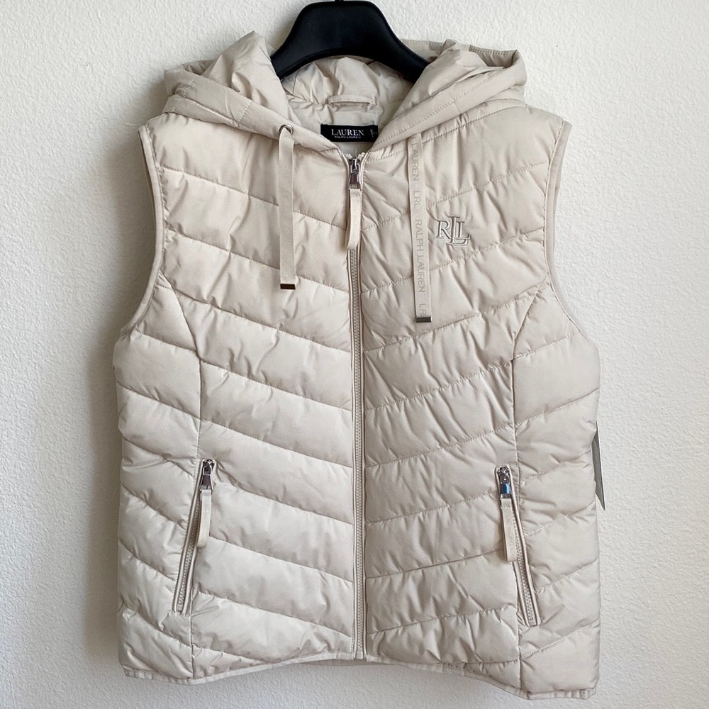 NWT🍁Lauren Ralph Lauren Women’s Stretch Hooded Puffer Cream Vest- Size Large